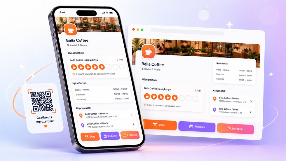 Public business page with loyalty cards, opening hours and business links