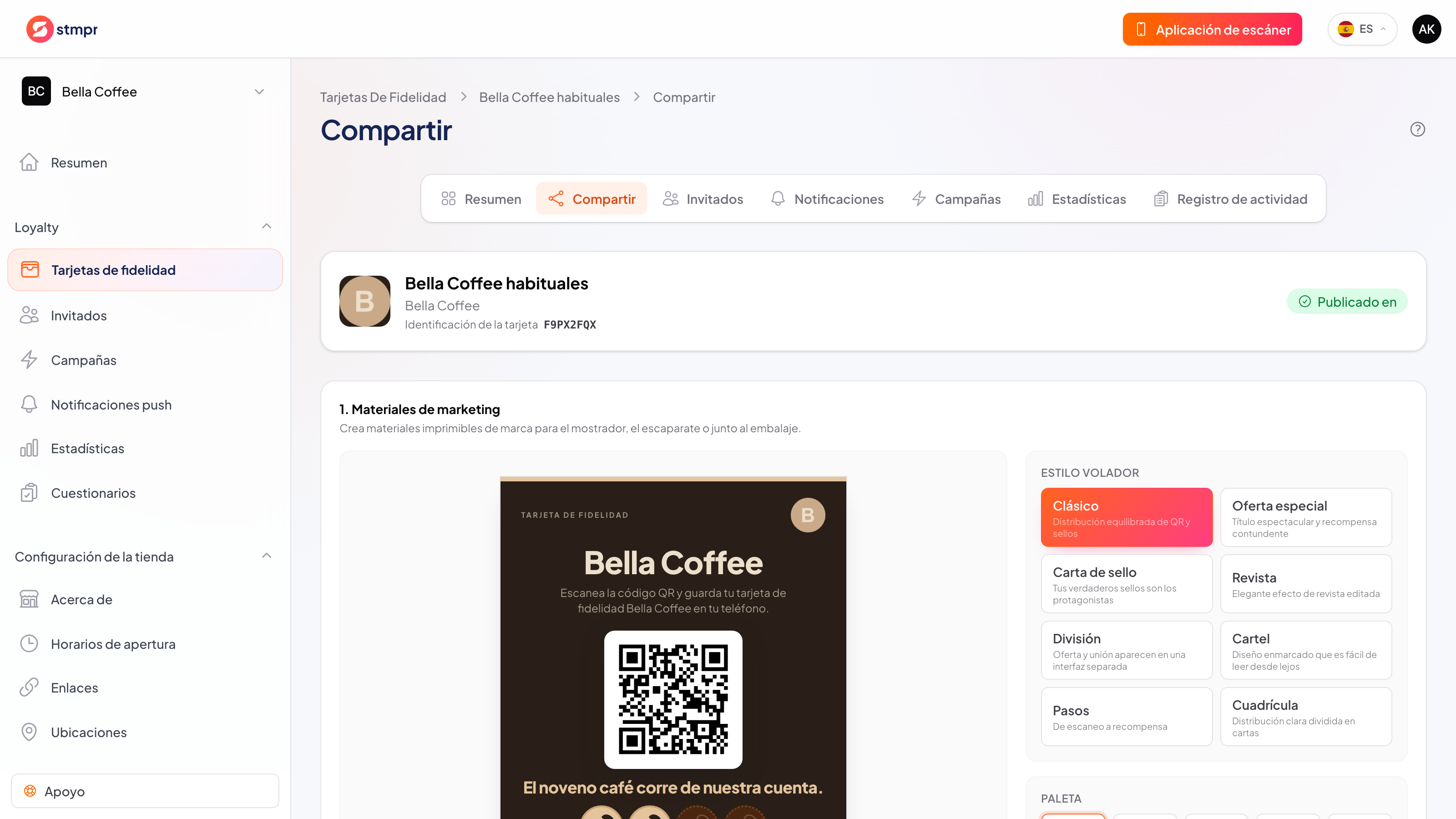 Móvil guardando una tarjeta de fidelidad en la app de Wallet, con un código QR e iconos de verificación flotando al lado