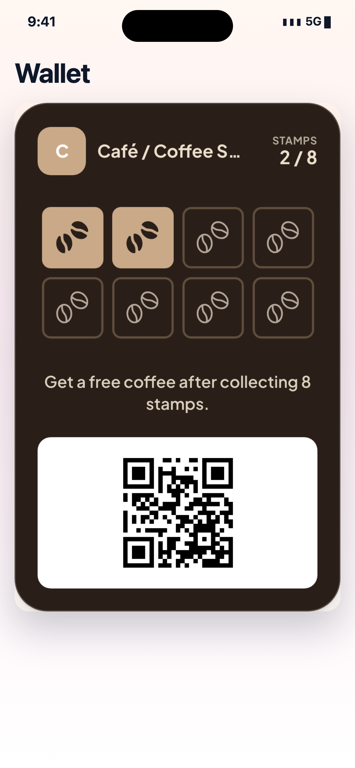 Hand holding a phone with a digital stamp card, next to a smartwatch showing the same loyalty card