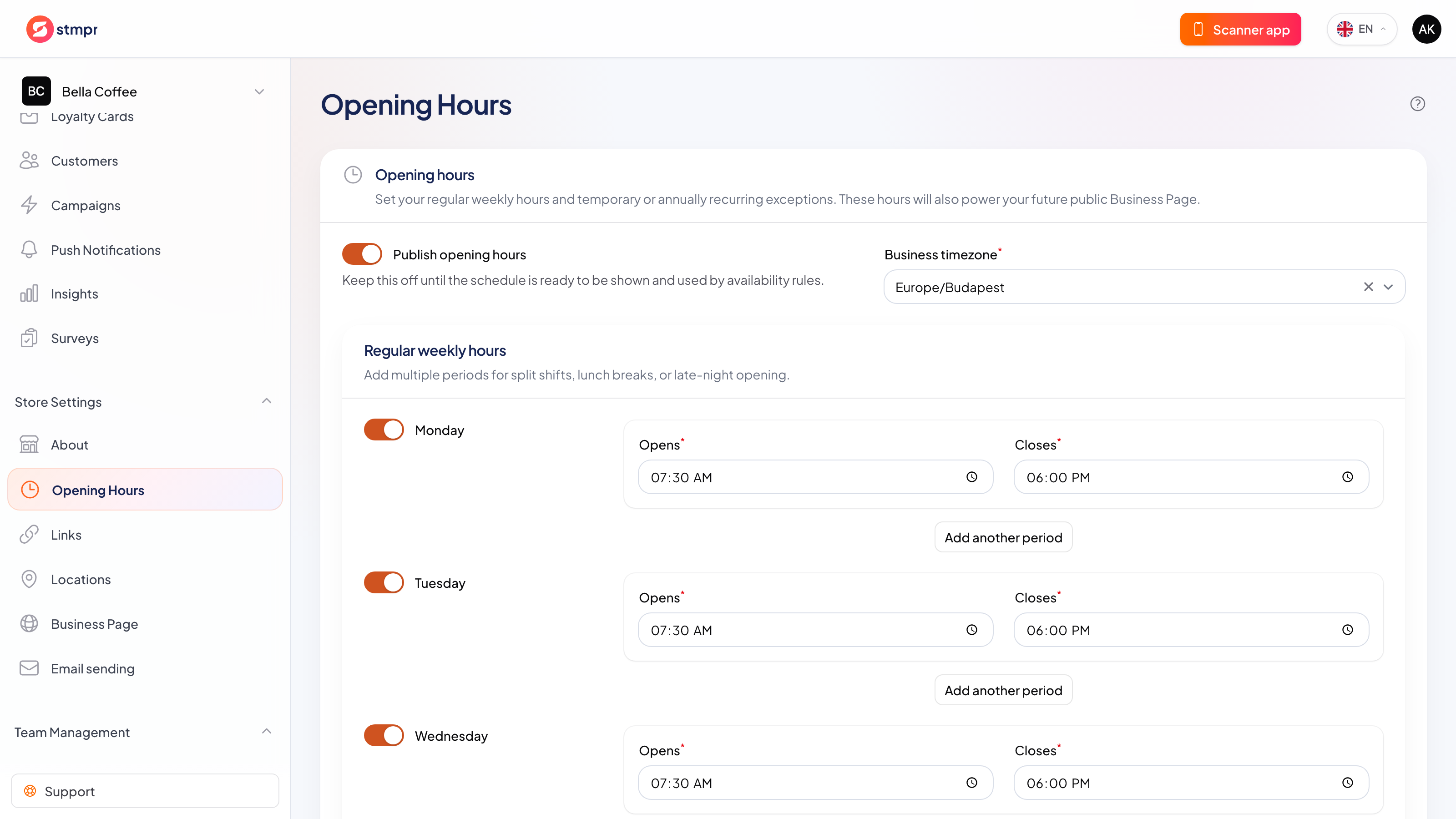 Weekly business-hours editor with holiday exceptions