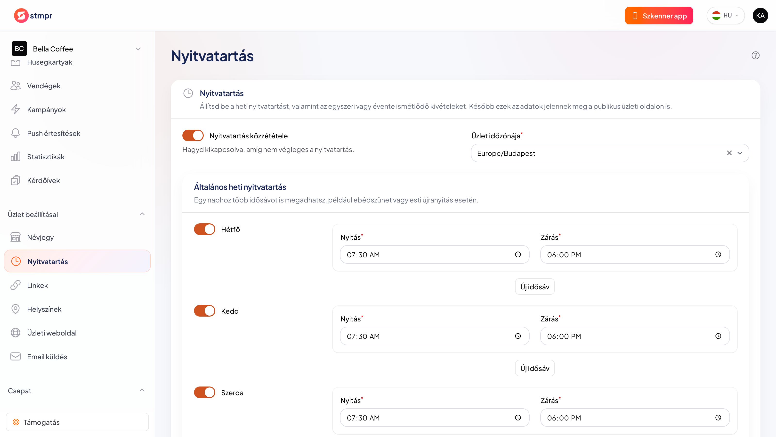 Heti nyitvatartás-szerkesztő ünnepnapi kivételekkel