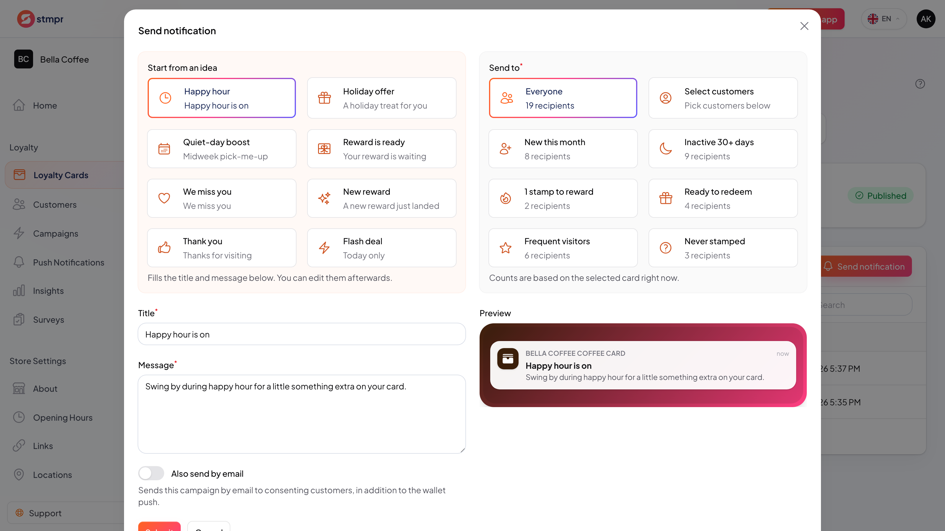 Steps of sending a push notification, from choosing the audience to the message arriving on the guest’s phone