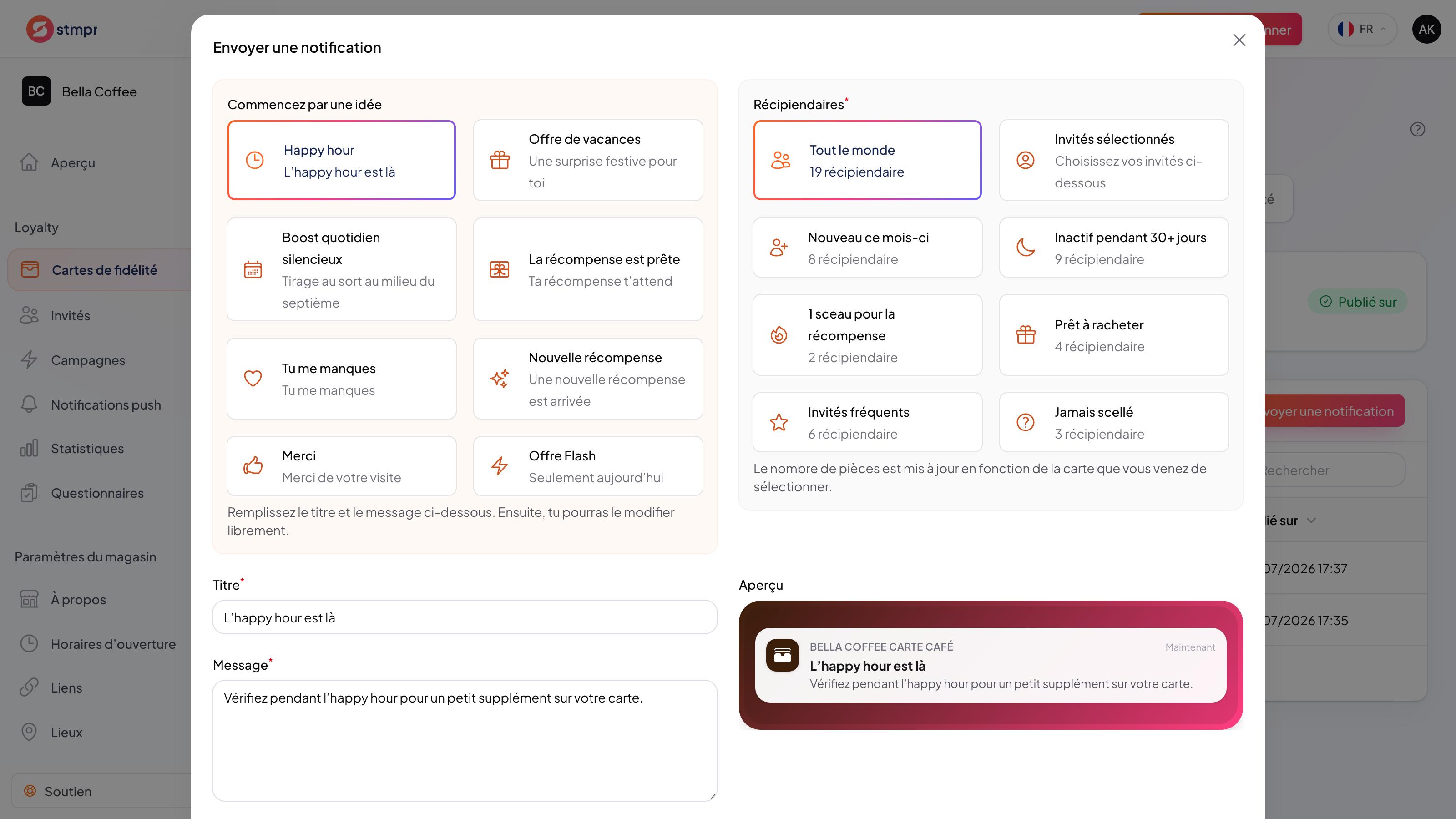 Étapes de l’envoi d’une notification push, du choix de l’audience à la réception du message sur le téléphone du client