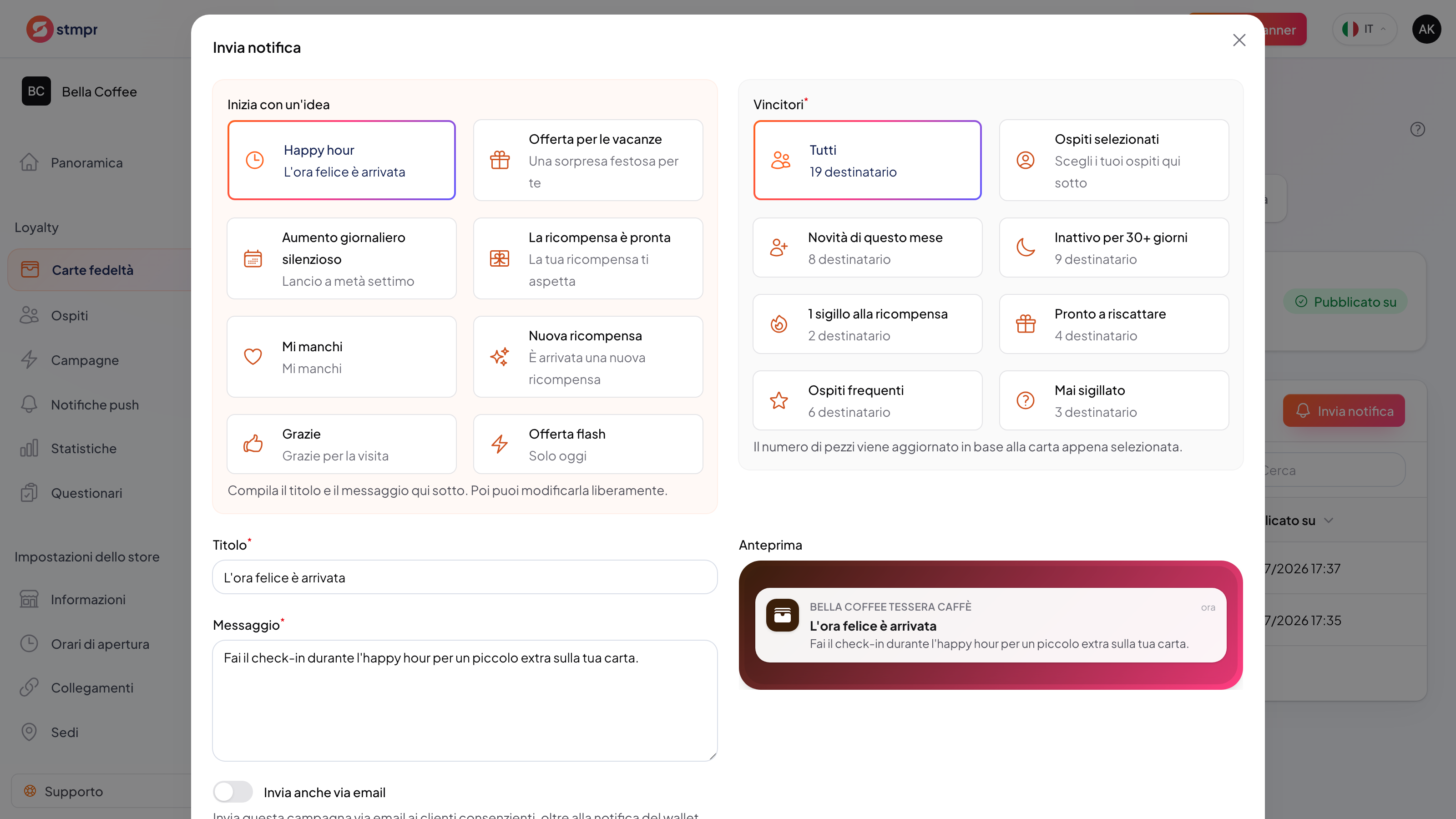 Passaggi dell’invio di una notifica push, dalla scelta del pubblico all’arrivo del messaggio sul telefono del cliente