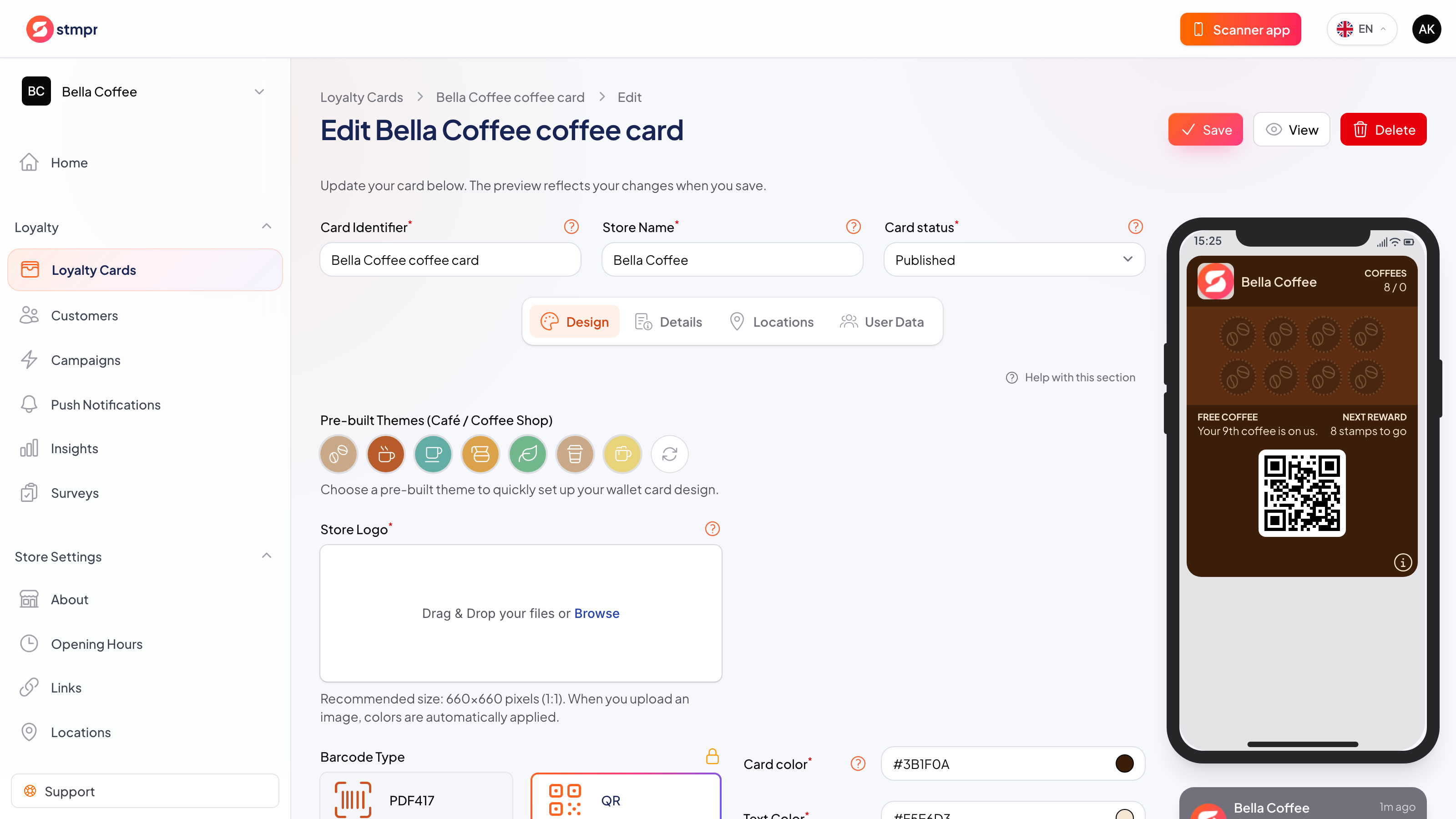 Card editor with color swatches and an icon picker next to a phone showing the finished branded card