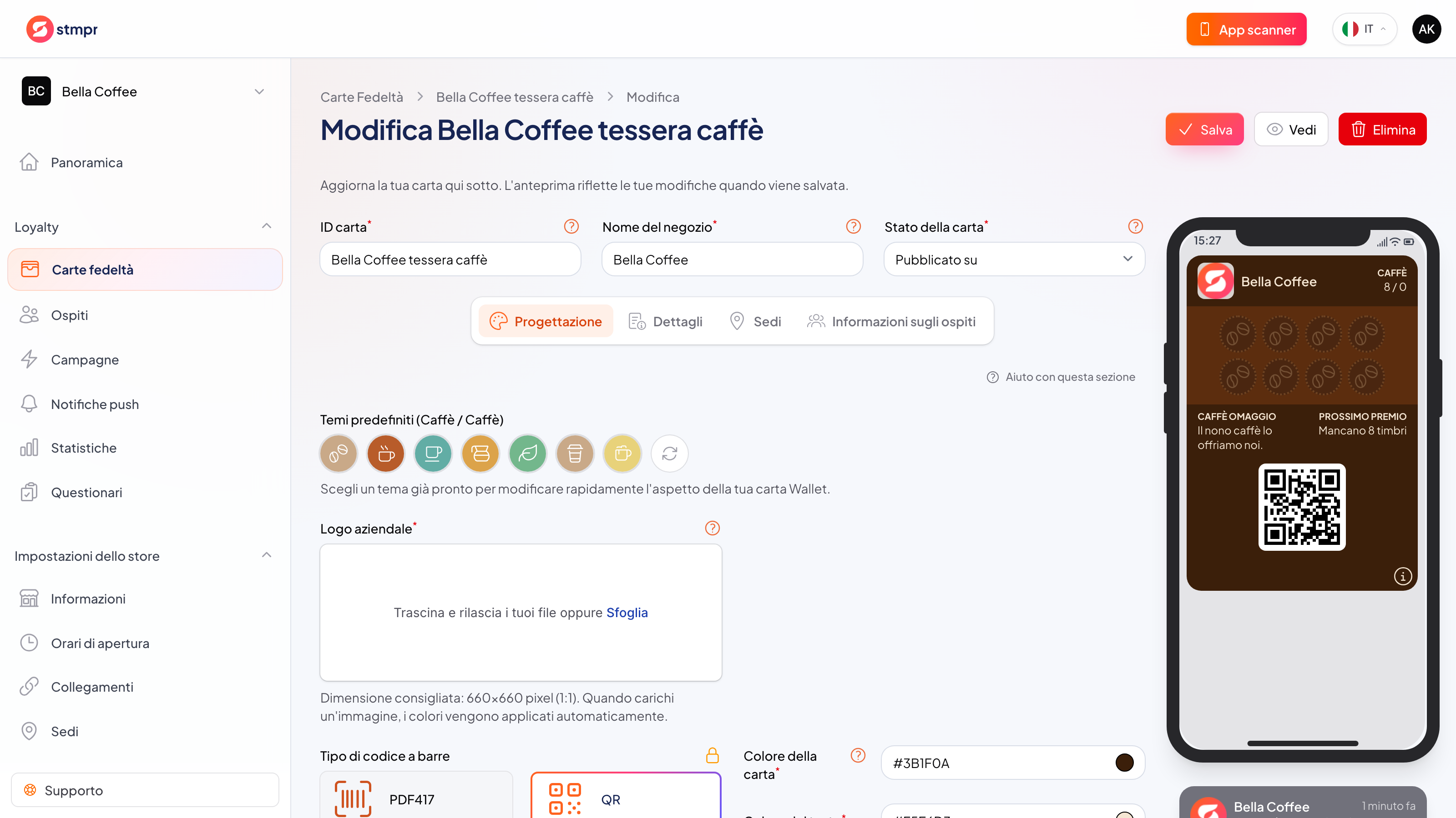 Editor della carta con campioni di colore e selettore di icone accanto a un telefono con la carta personalizzata finita
