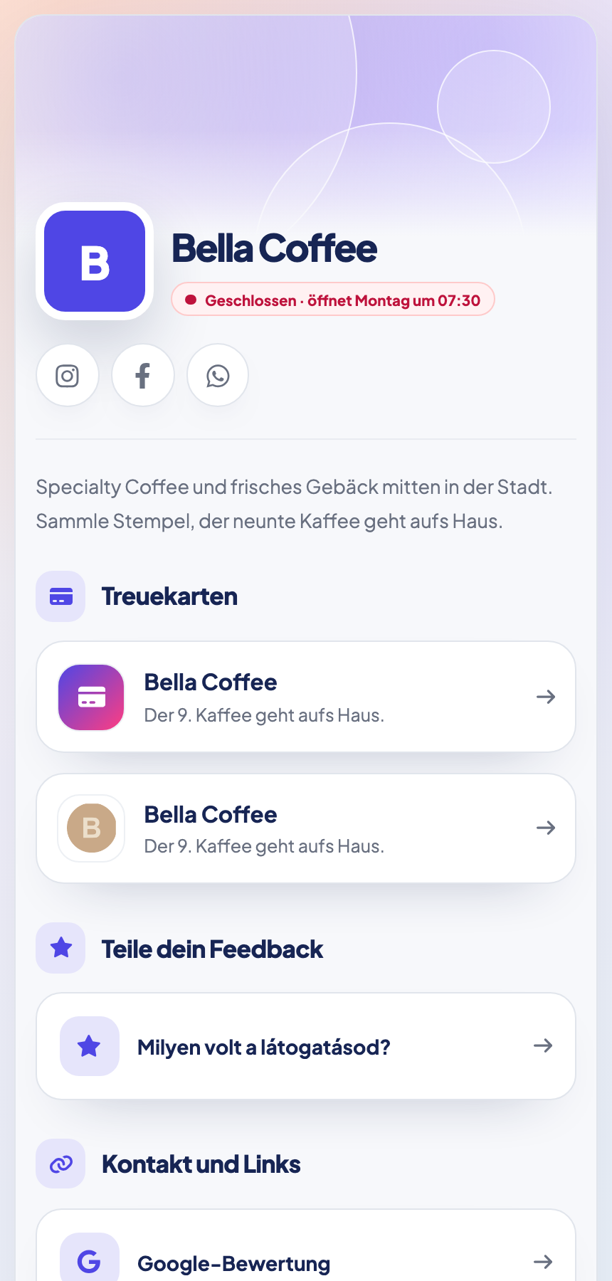 Mobile Geschäftswebseite mit Öffnungszeiten, Kundenkarte und wichtigen Links