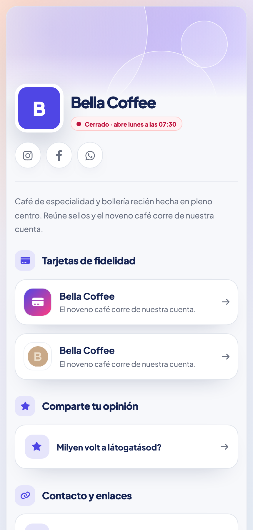 Página móvil del negocio con horario, tarjeta de fidelidad y enlaces útiles