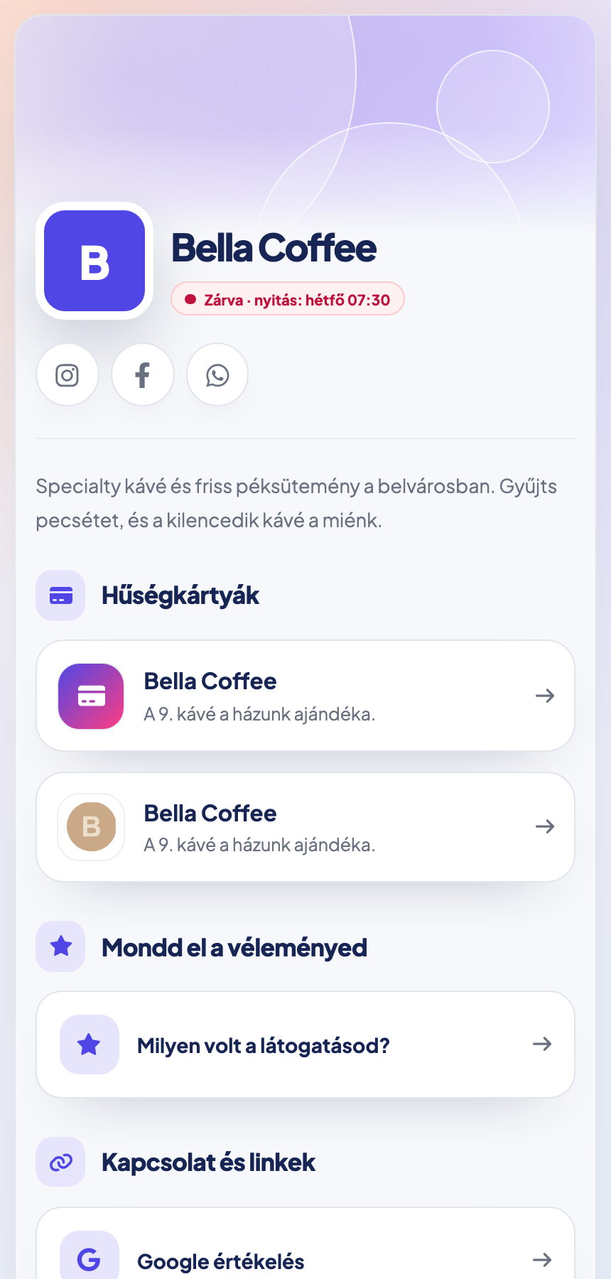Üzleti weboldal mobilos nézete nyitvatartással, hűségkártyával és linkekkel