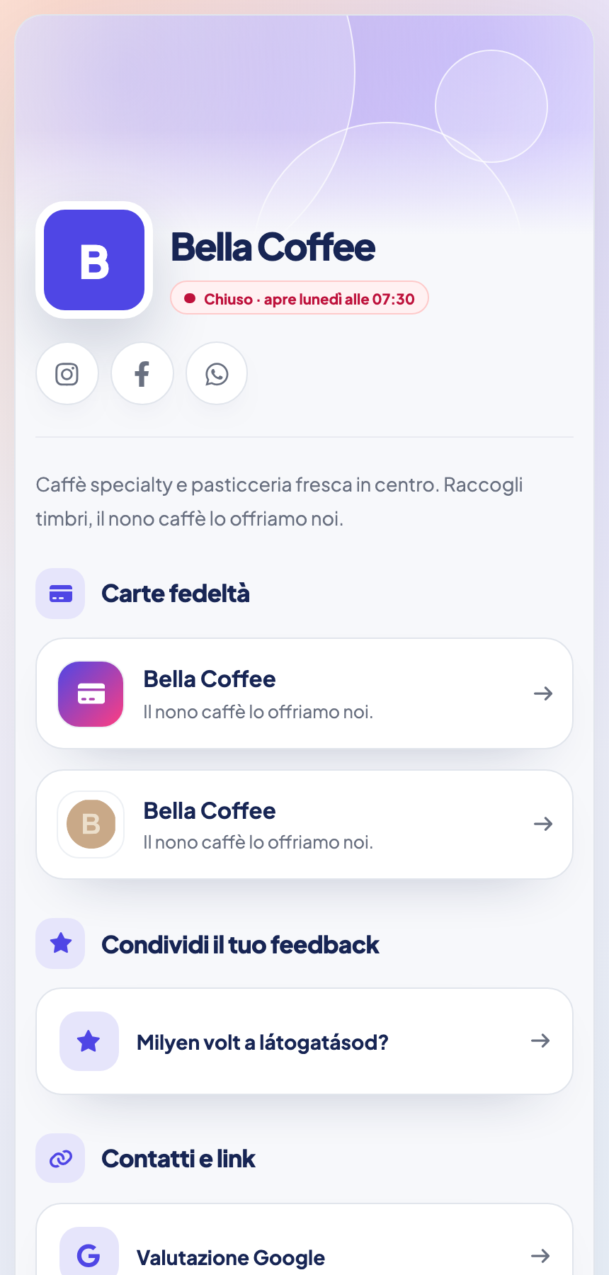 Pagina mobile dell’attività con orari, carta fedeltà e link utili