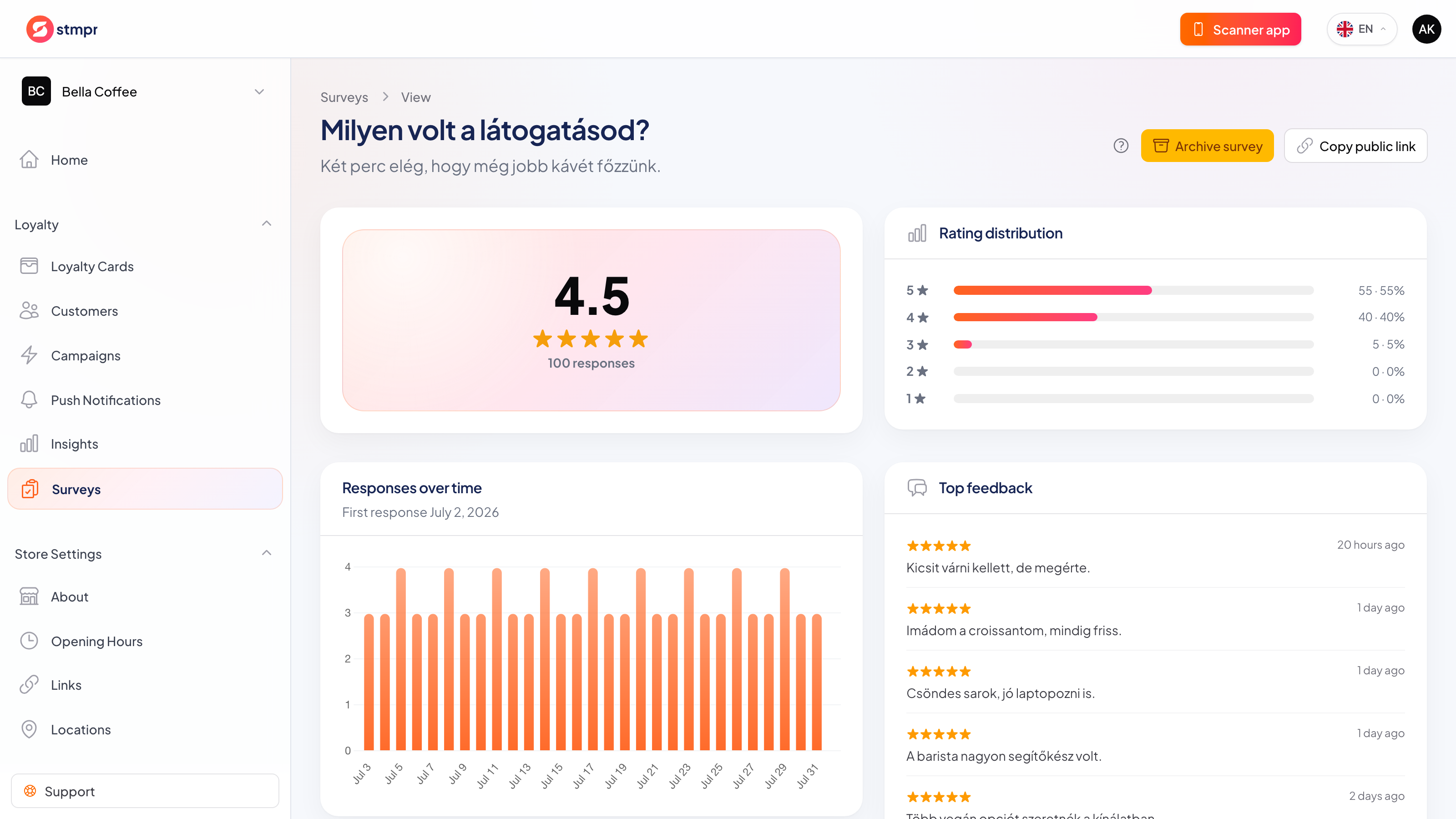 Survey flow from Wallet or email invitation to star rating, answers and stamp reward