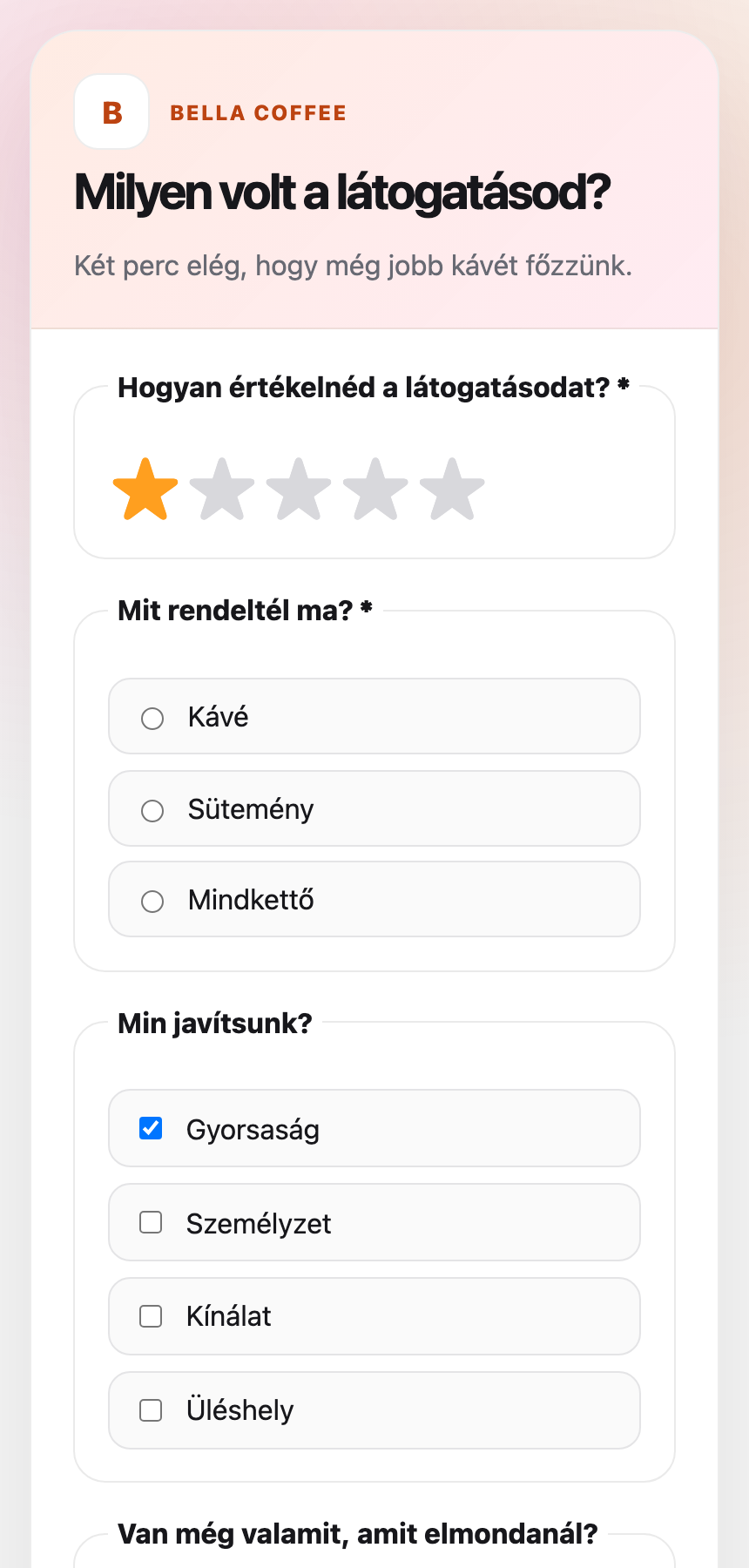 Private customer feedback survey opened from a digital loyalty card