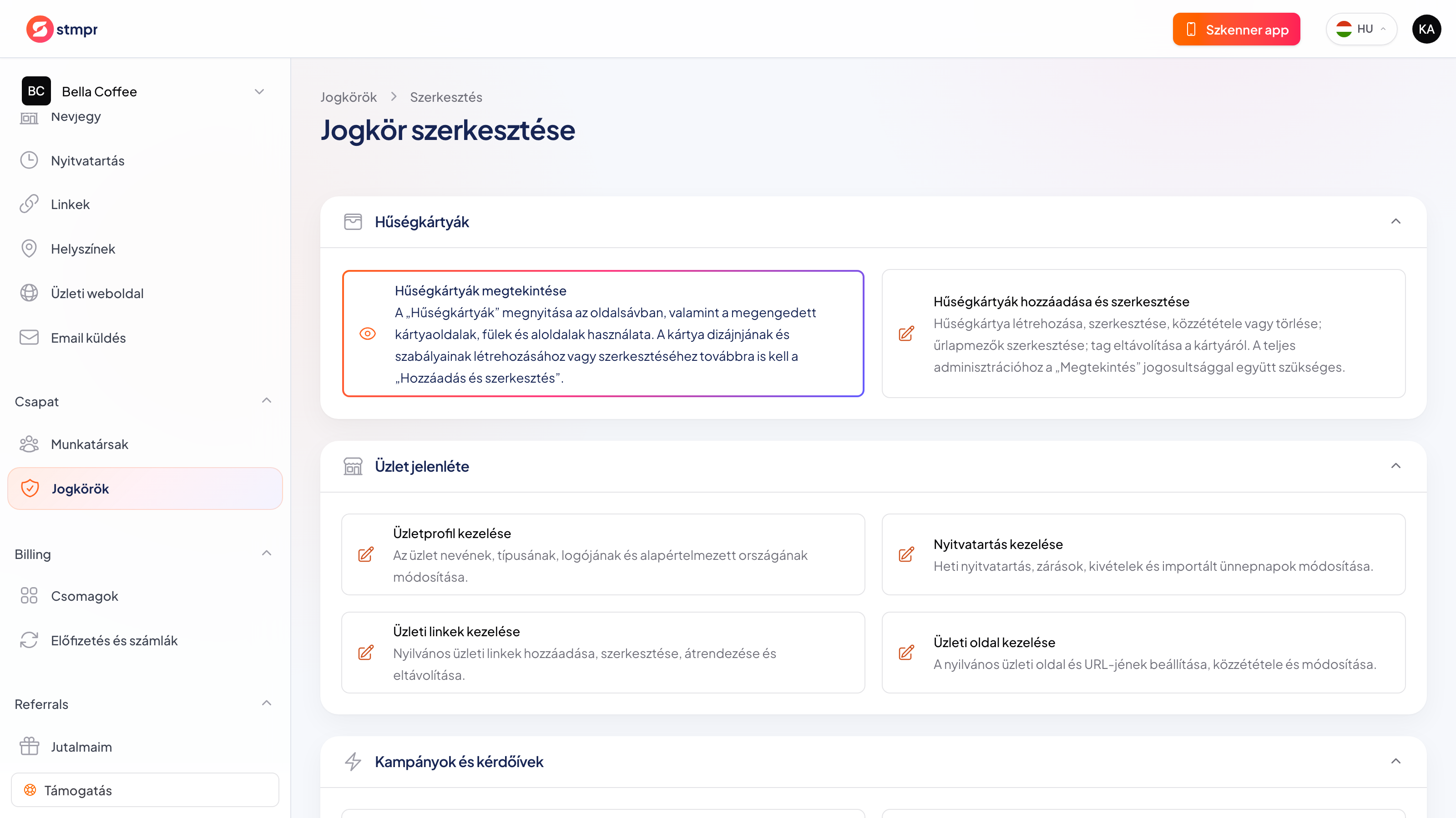 Csapattag meghívása és dashboard-jogosultságok kiválasztása