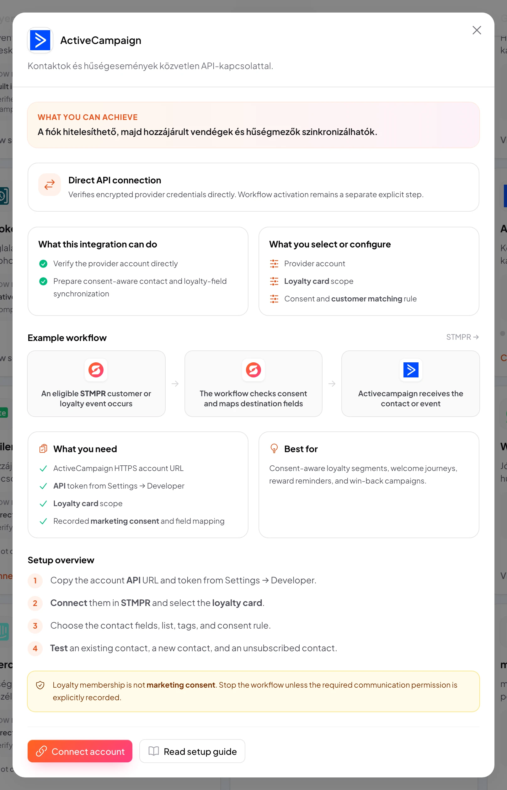 stmpr: configure the ActiveCampaign connection and workflow
