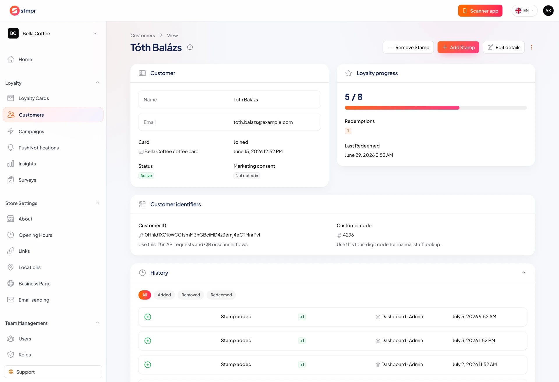 Customers list with plus and minus stamp icons