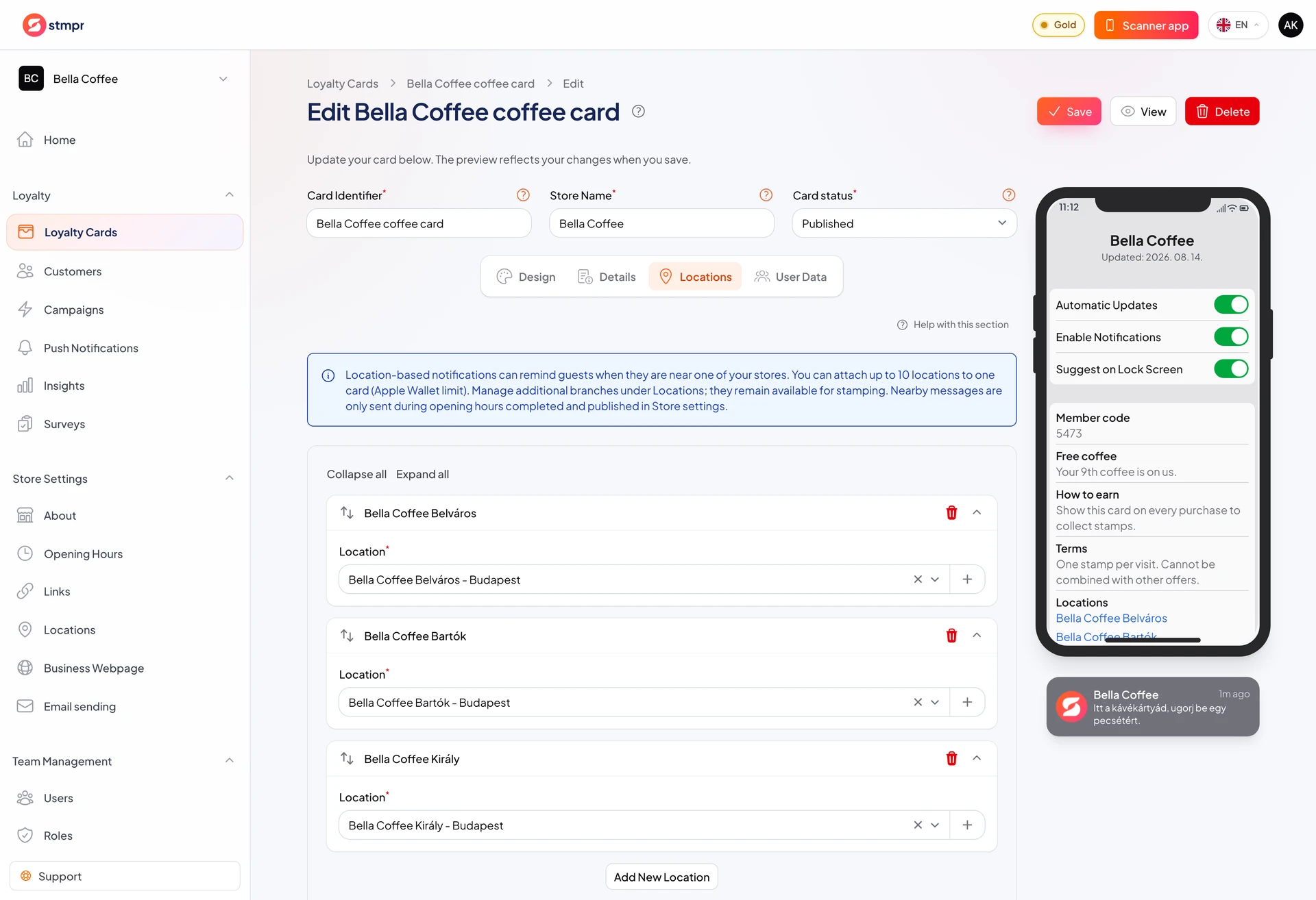 Locations tab: address list and reminder toggle