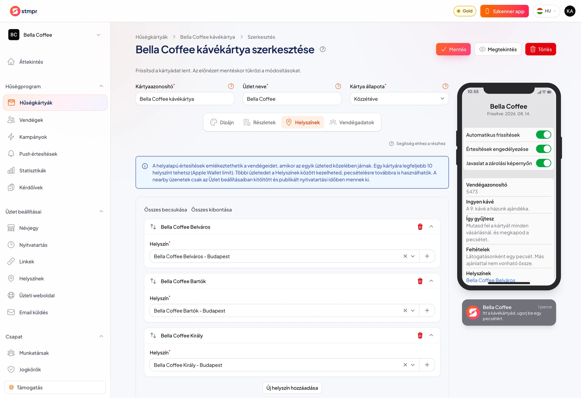 Helyszínek fül: cím lista és emlékeztető kapcsoló
