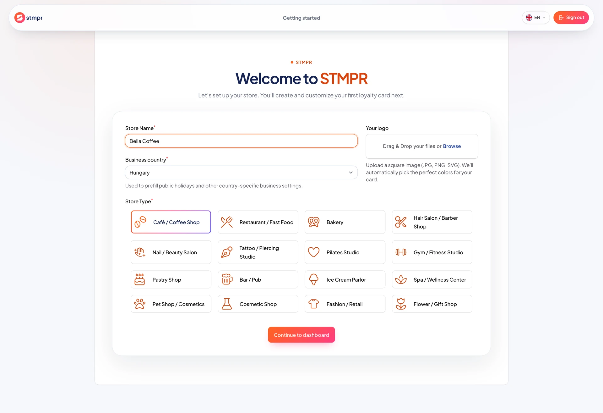 Onboarding screen: store name, logo, business type