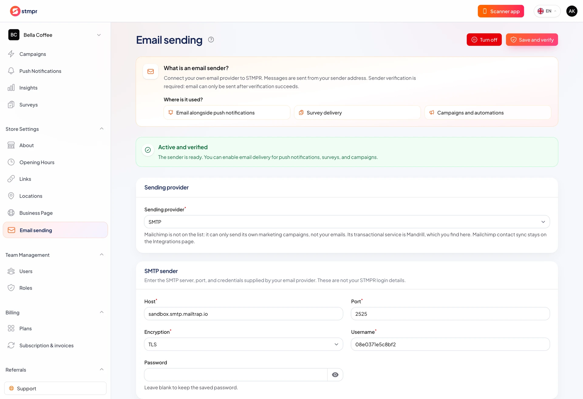 The Email sending page with the provider selector and the sender identity