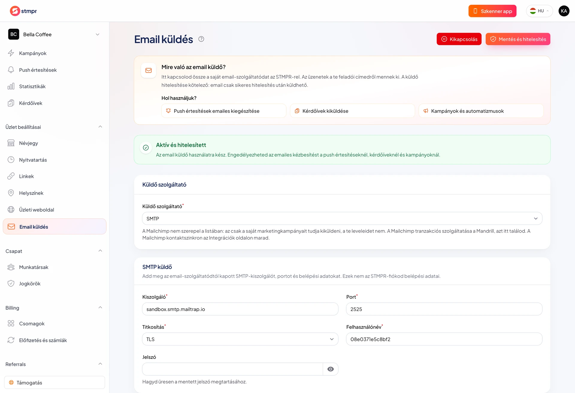 Az Email küldés oldal a szolgáltató választójával és a feladó adataival