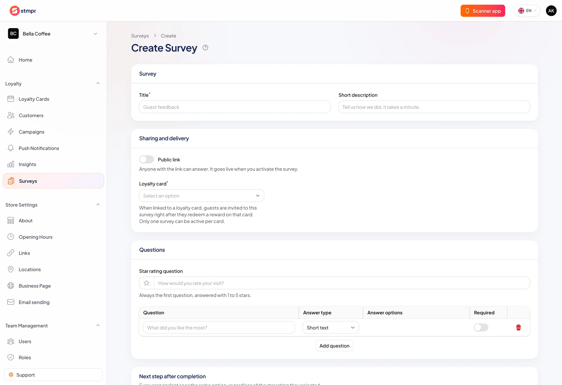 Survey editor with title, star question, question table