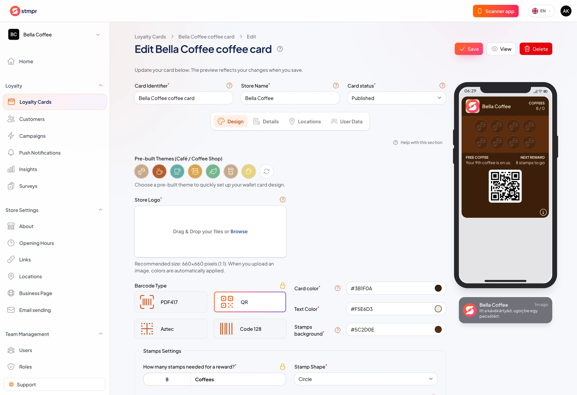 Card editor: phone preview and Design tab