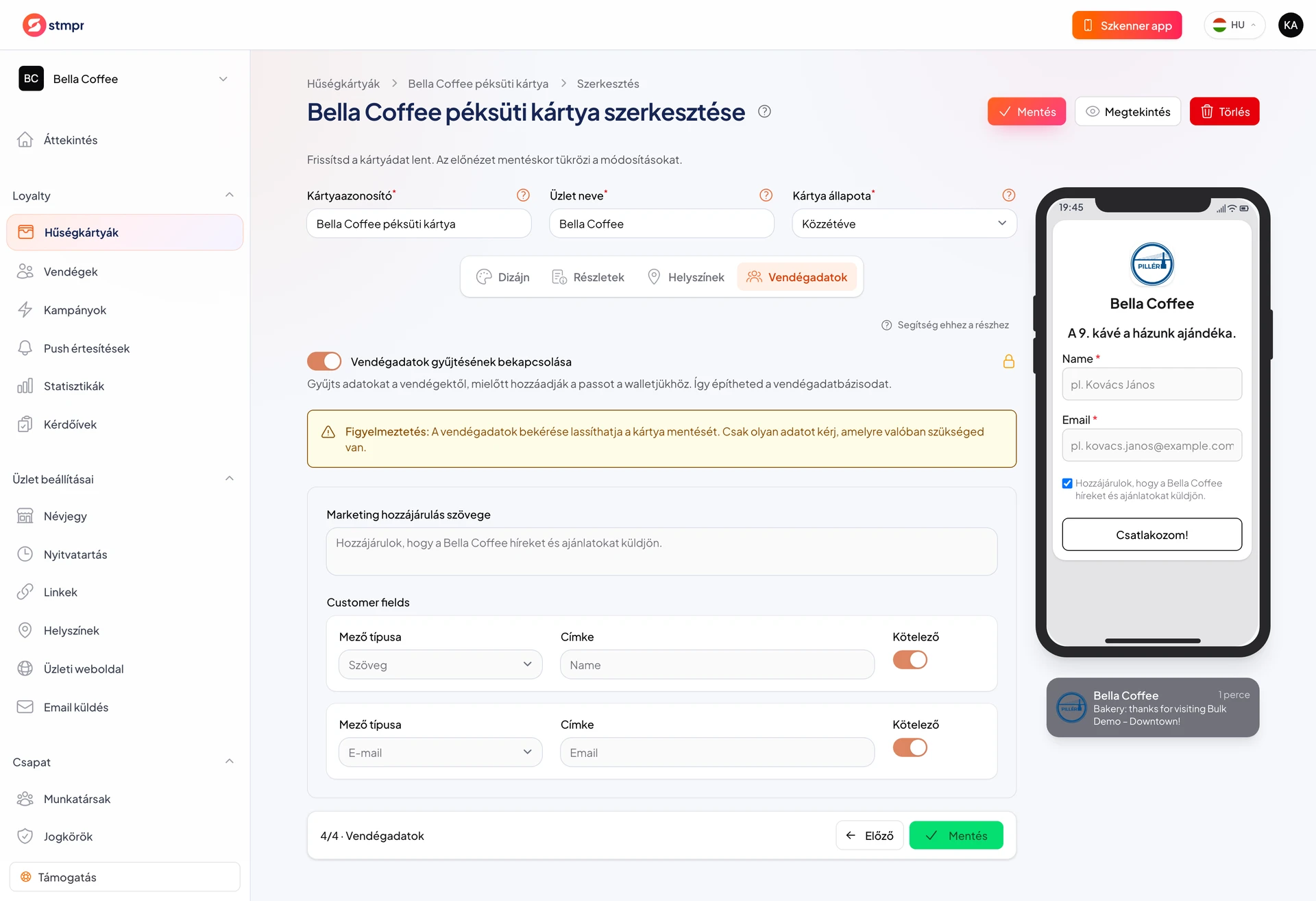 A Vendégadatok fül a bekért mezőkkel és a hozzájárulás szövegével