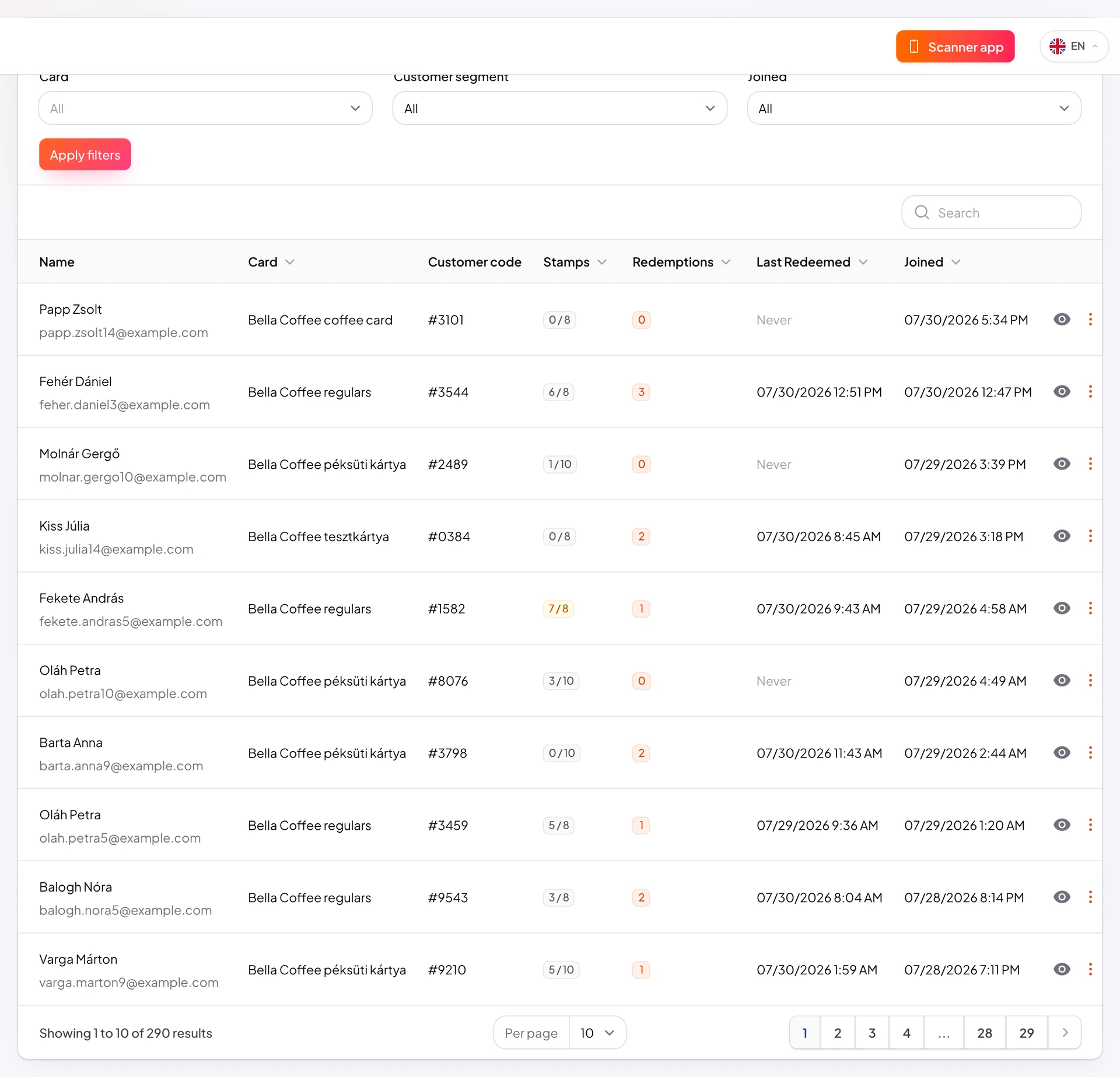 The guest list with the segment filter