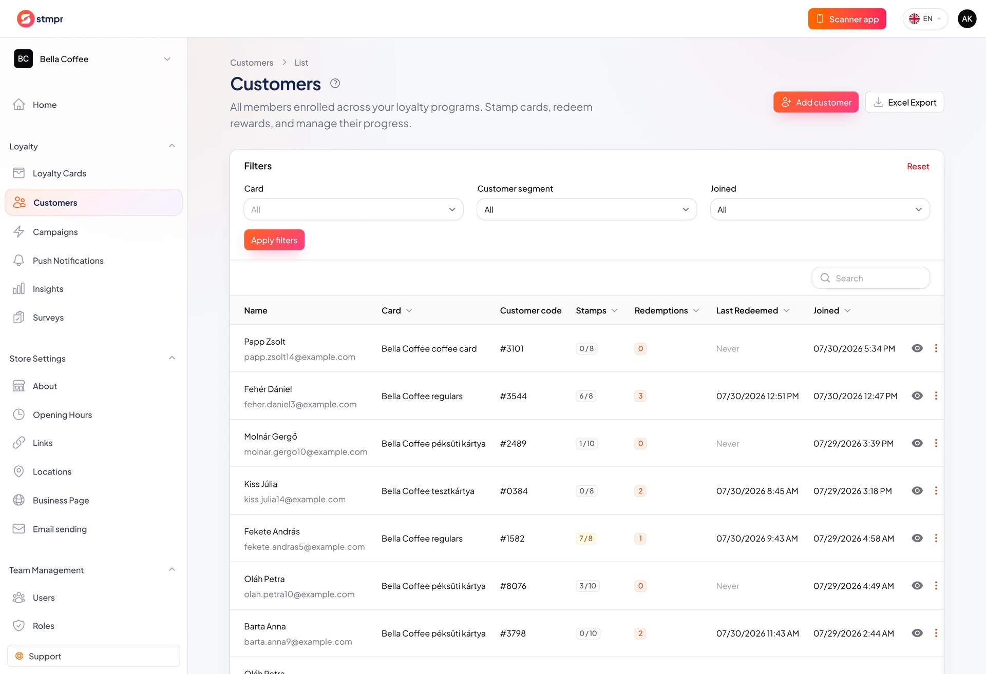 Customers list with filters and XLSX export