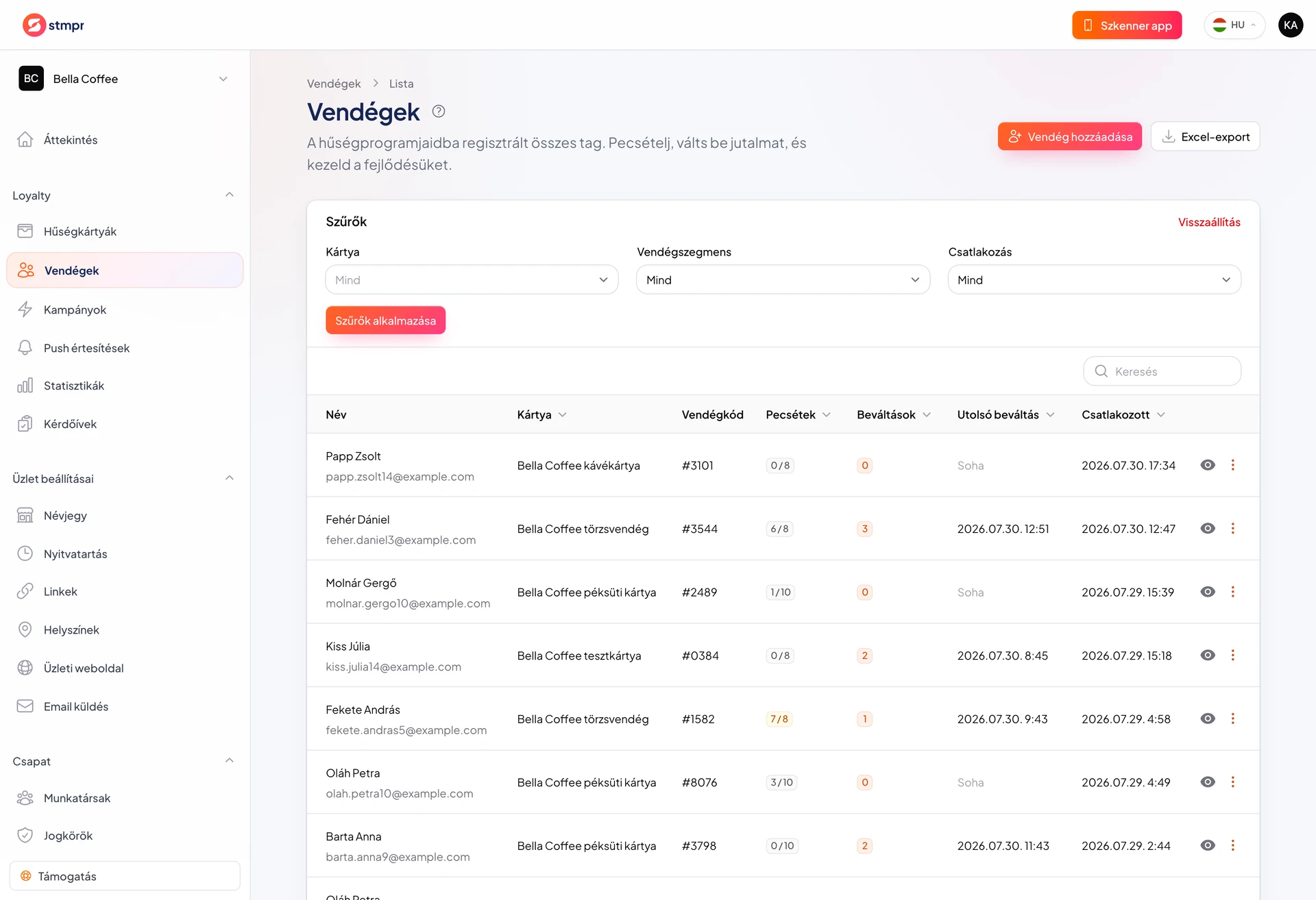 Vendégek lista szűrőkkel és XLSX export gombbal