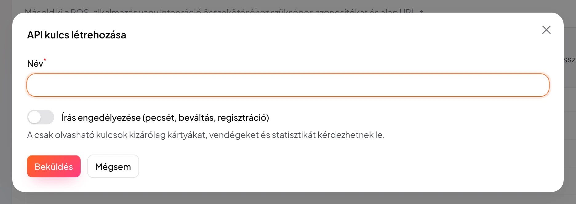 API-kulcs létrehozása névvel, jogosultságokkal és kártyakorlátozással