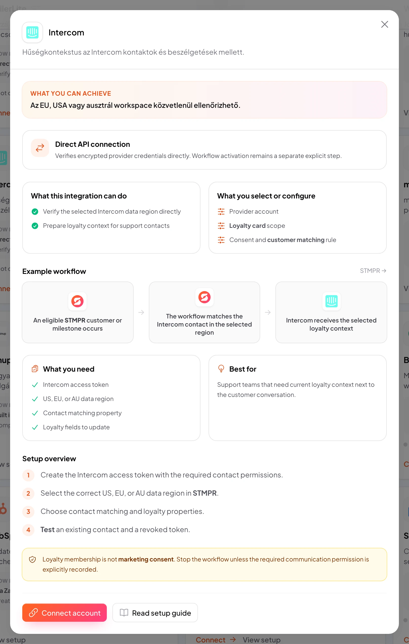 stmpr: configure the Intercom connection and workflow