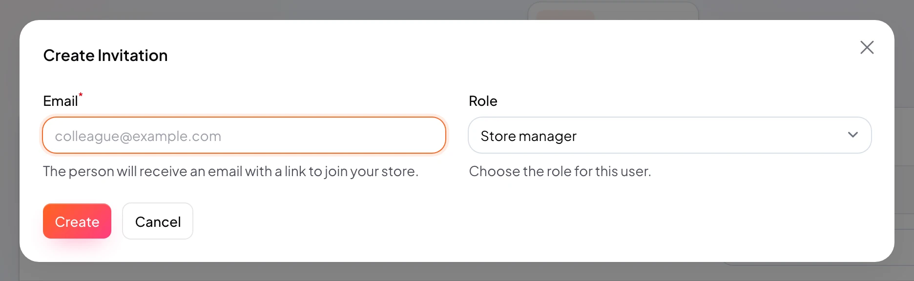 Invite team member with email and role picker