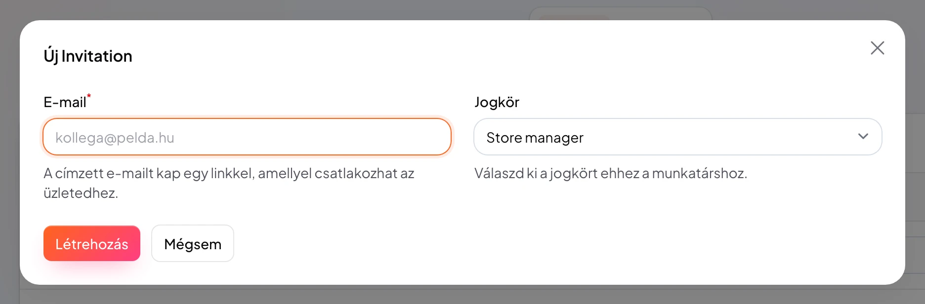 Csapattag meghívása ablak e-mail címmel és jogkörválasztóval