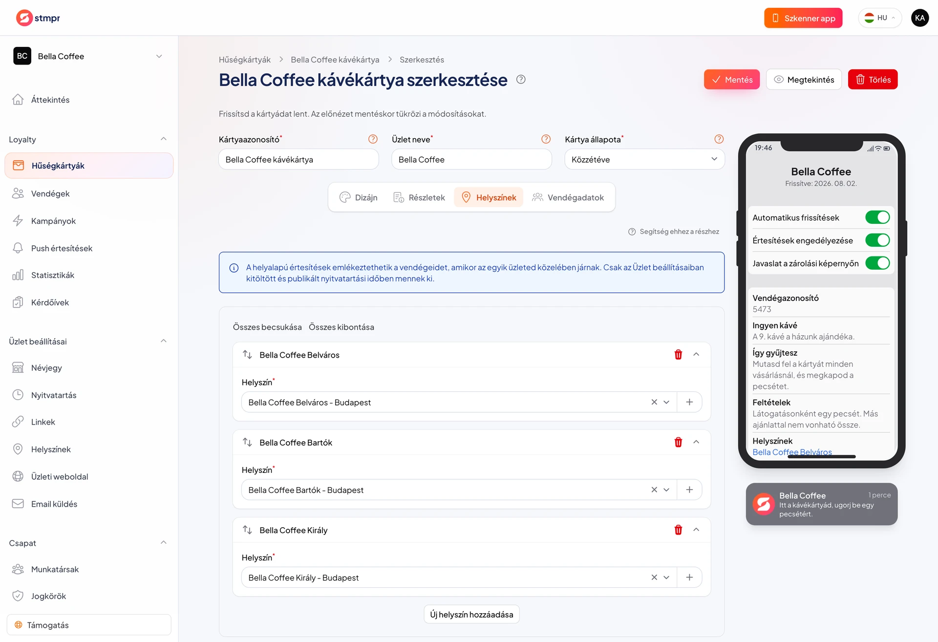 Kártya helyszínbeállítása térképpel és emlékeztető szöveggel