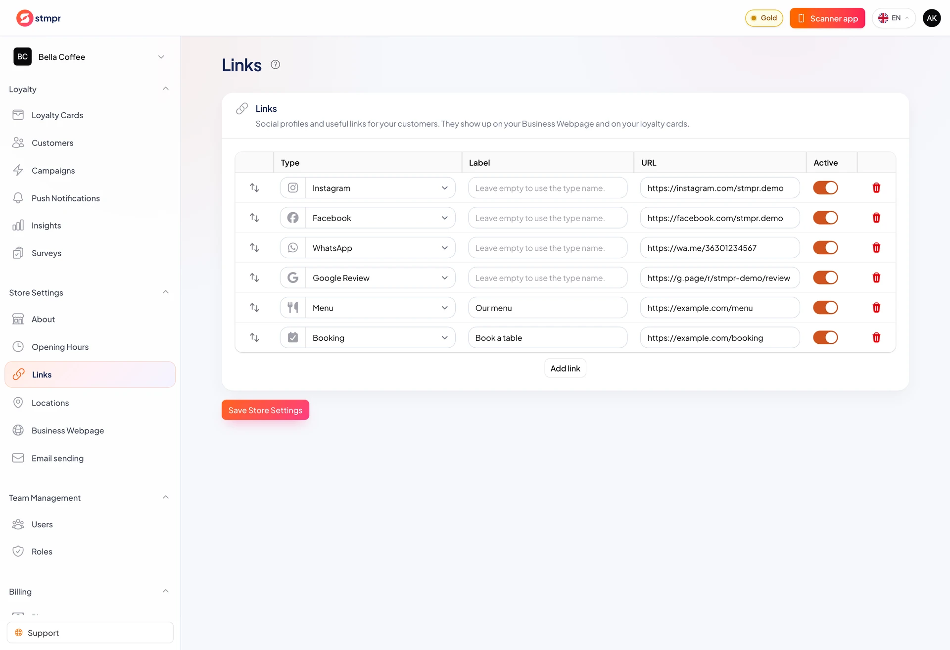 Business links editor with icon, label, URL, active toggle