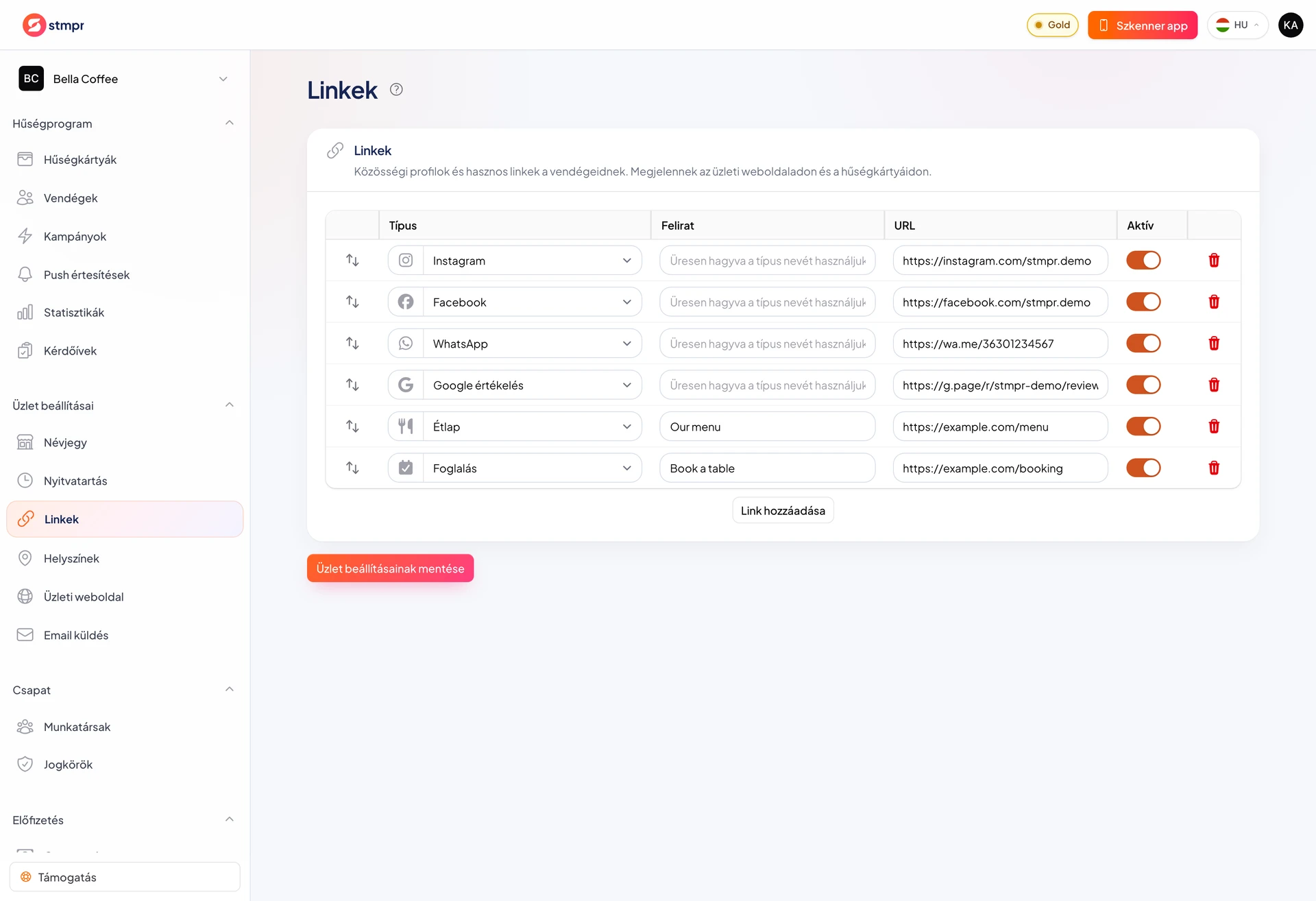 Üzleti linkek szerkesztője márkaikonokkal, felirattal, URL-lel és aktív kapcsolóval