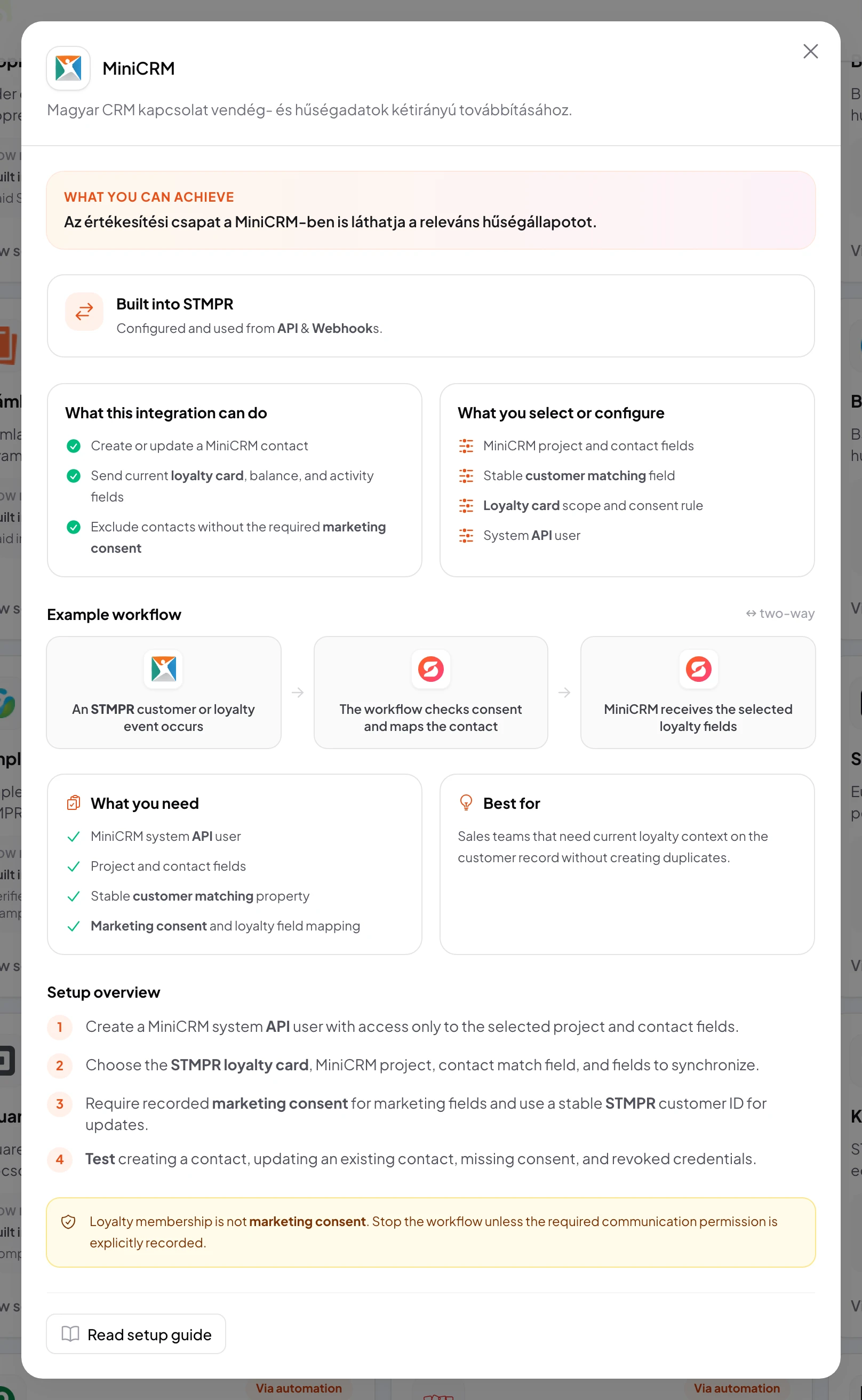 stmpr: configure the MiniCRM connection and workflow