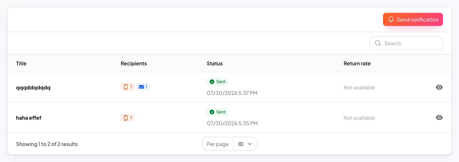 Push list with status column: queued and sent