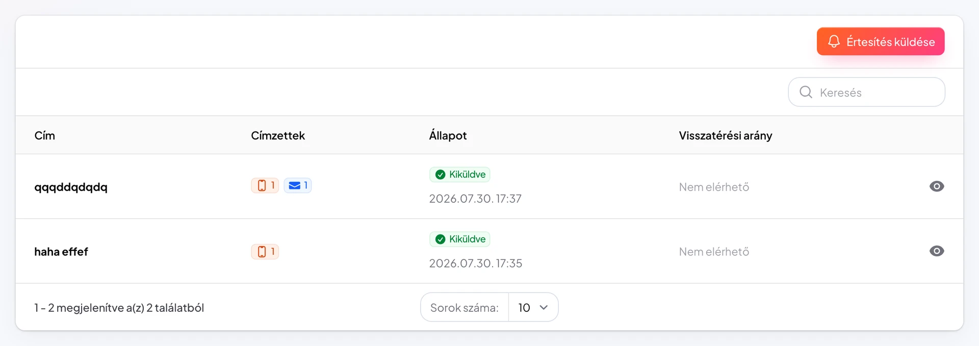 Push értesítések lista státusz oszloppal: sorban áll és elküldve