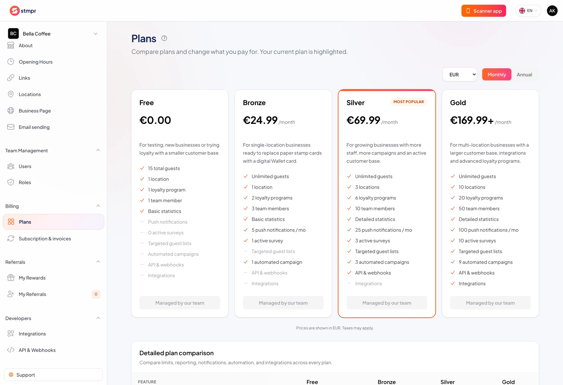The plans page with the limits and the current plan