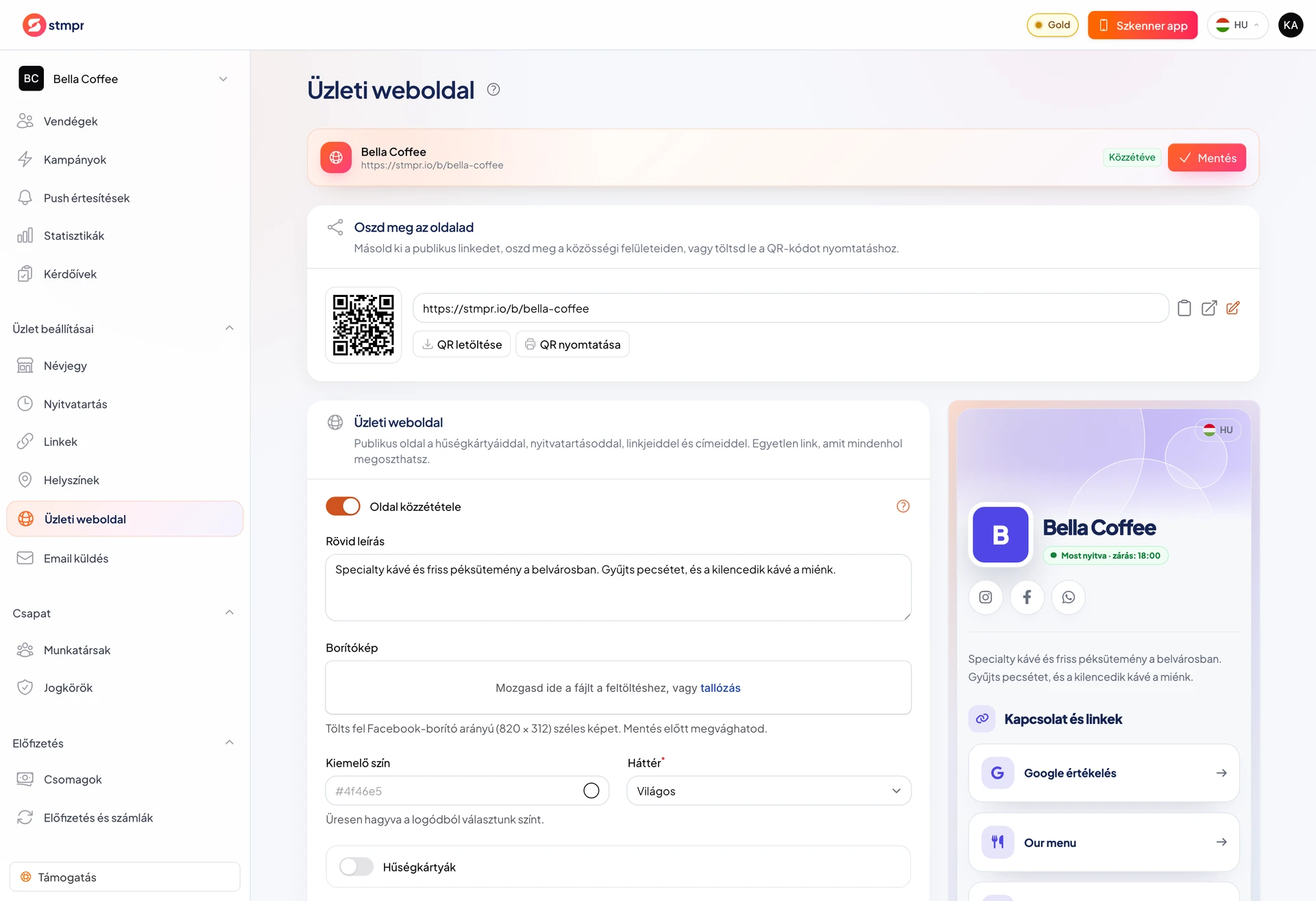 Üzleti weboldal szerkesztő borítóval, szekcióválasztóval és mobilos előnézettel