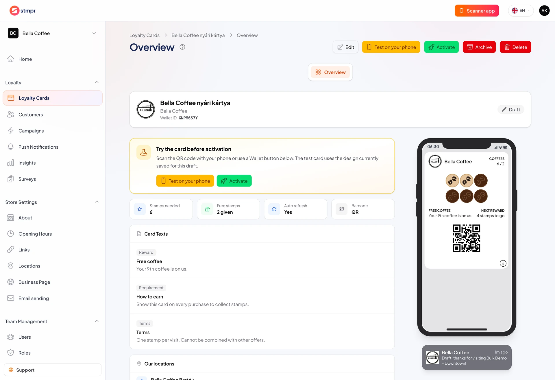 A draft card view with the publish action