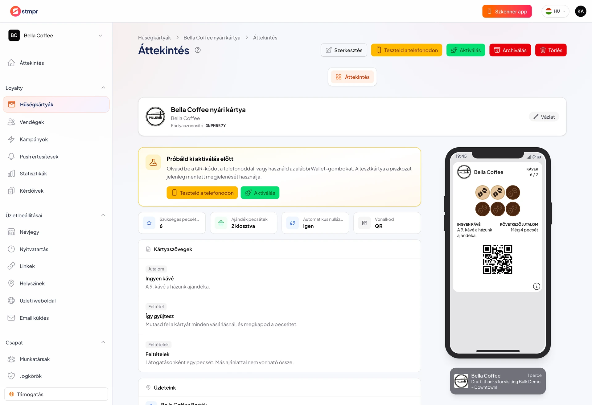 Egy vázlat állapotú kártya nézete a publikálás gombbal