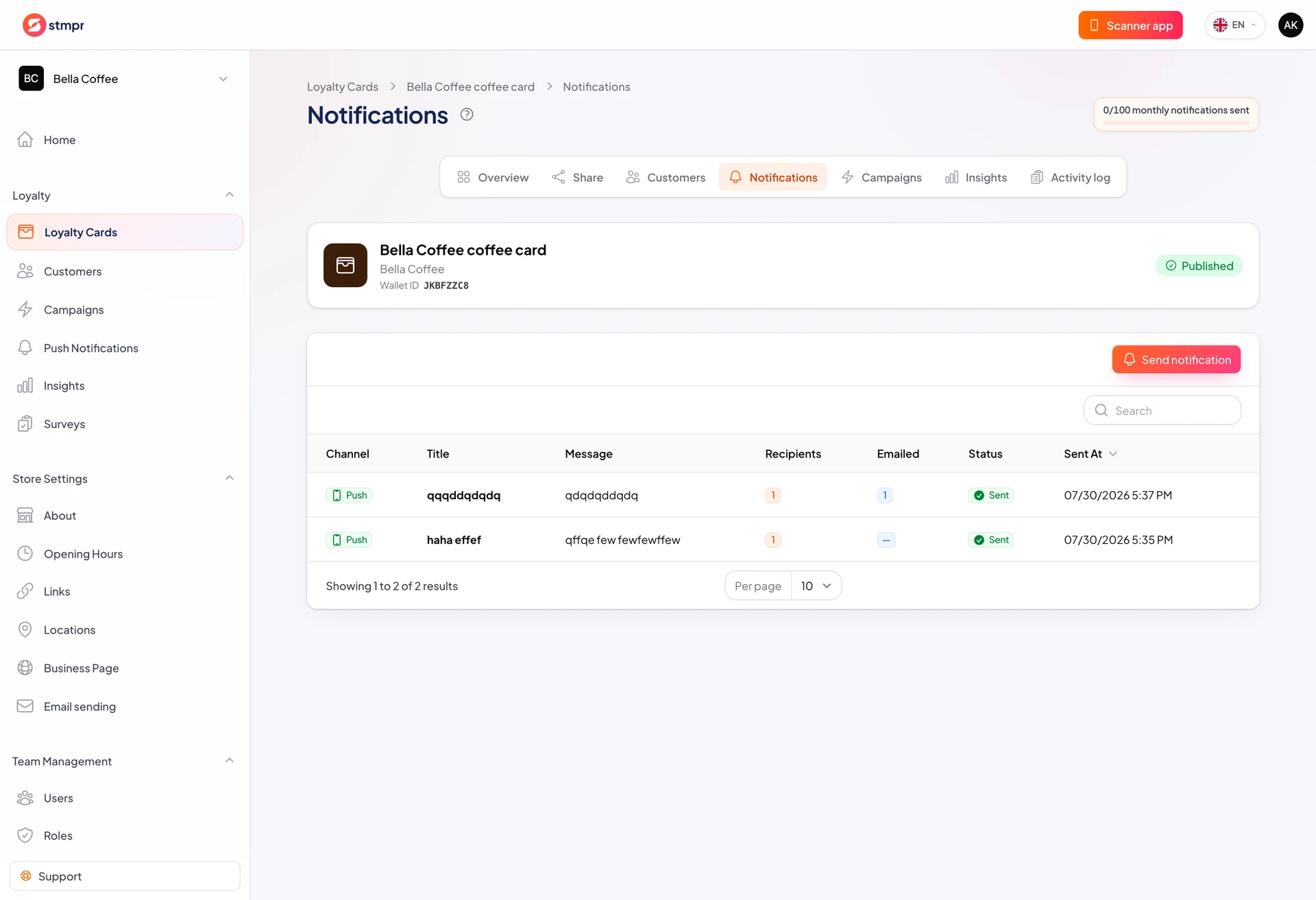 Push Notifications page with monthly quota usage