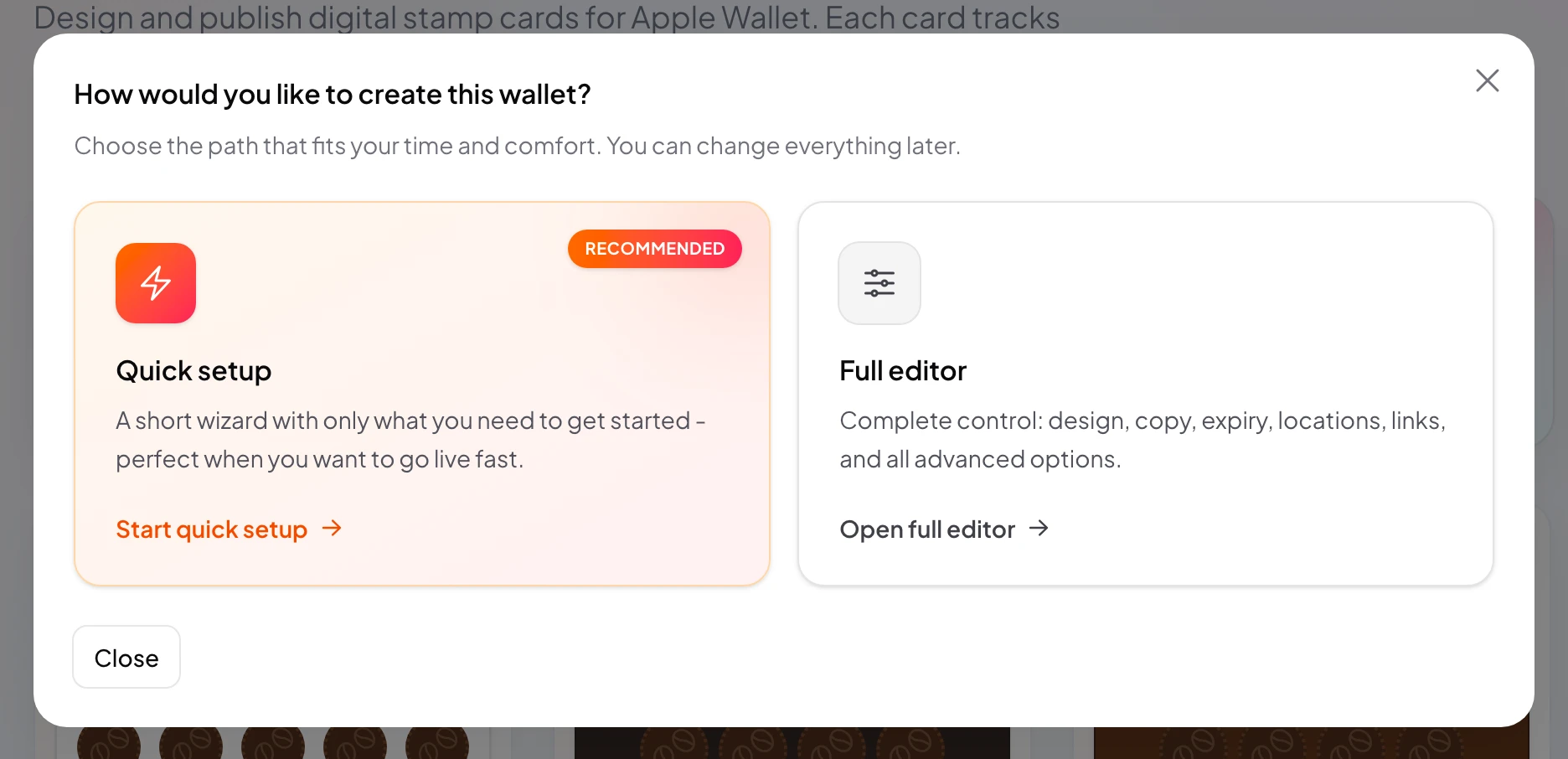 The card creation dialog offering the quick and the full setup