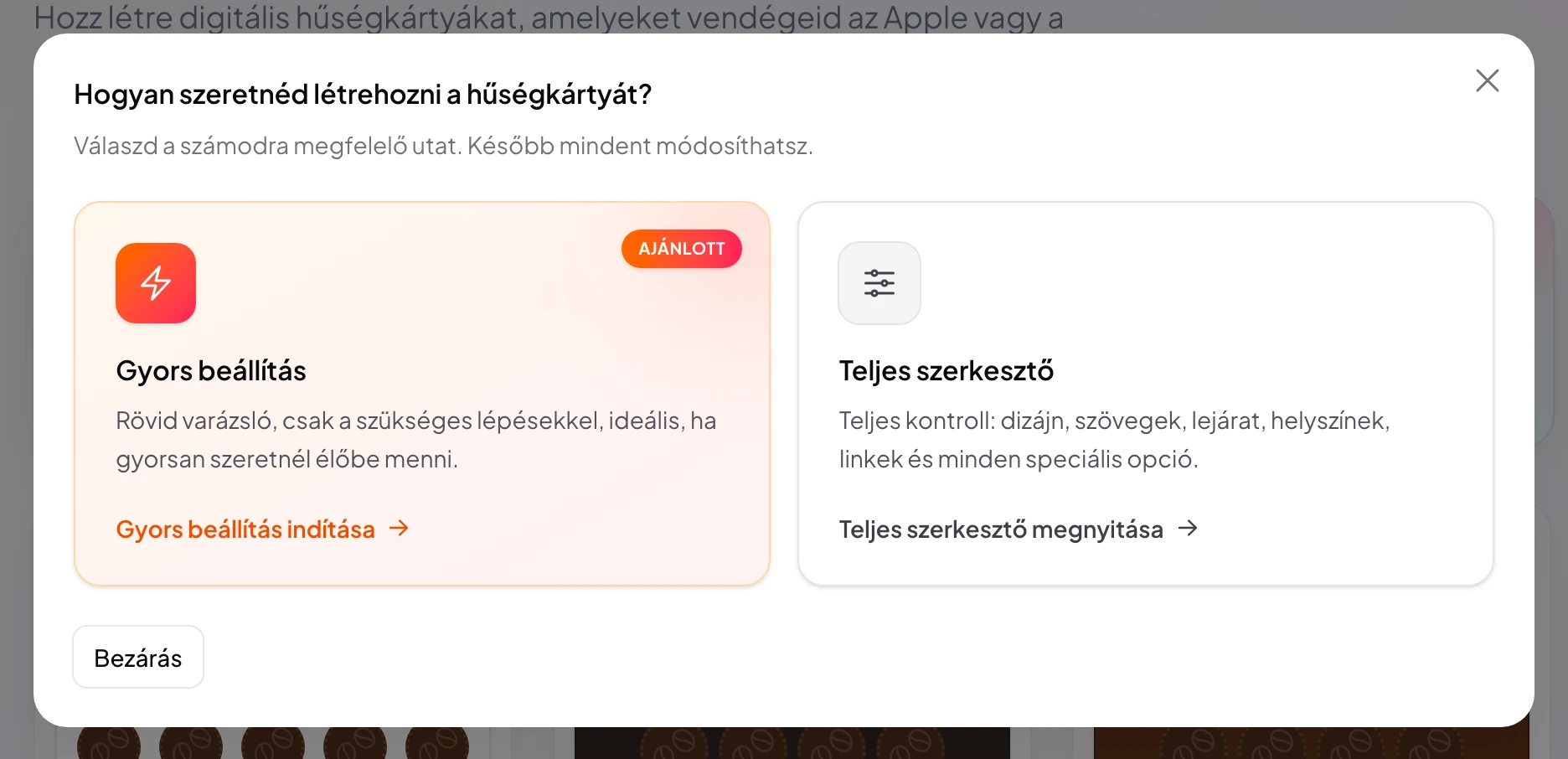 A kártyakészítés indítóablaka a gyors és a teljes beállítás közti választással