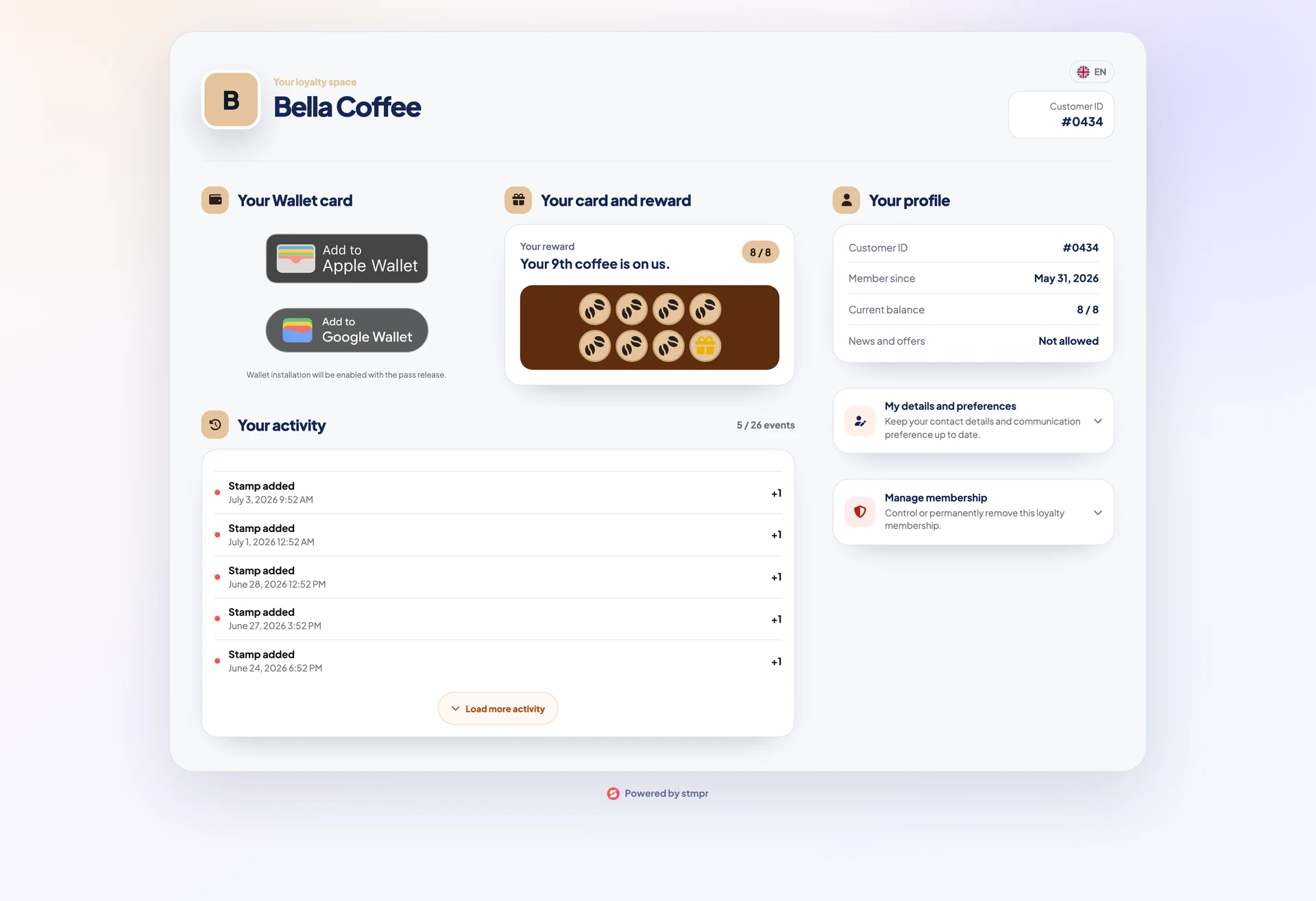 Customer pass page with Apple and Google save buttons