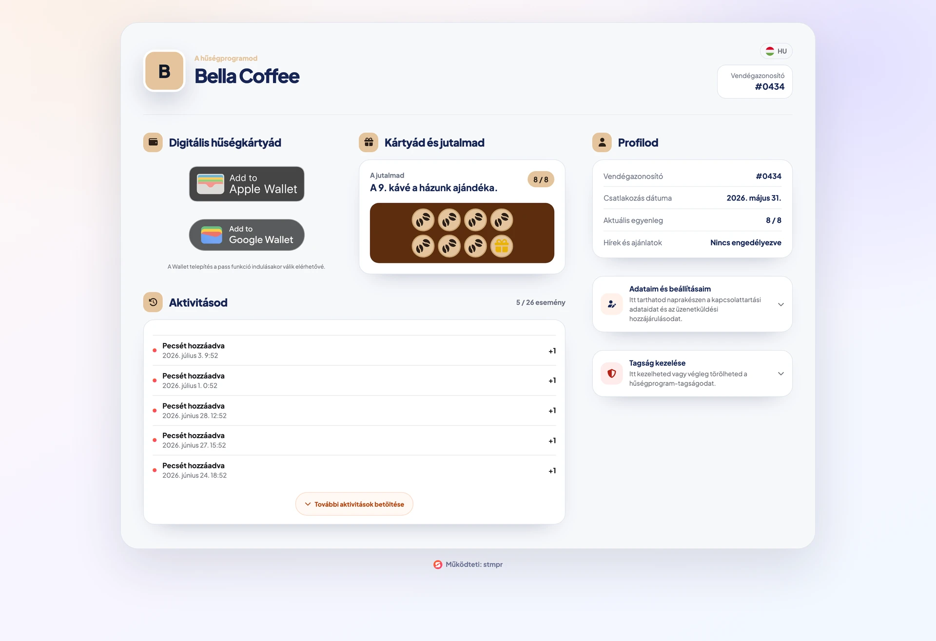 Vendég kártyaoldala az Apple Wallet és Google Wallet mentési lehetőségekkel
