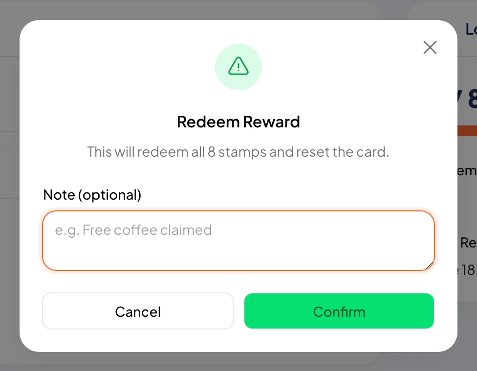 Redeem reward confirm dialog with optional note